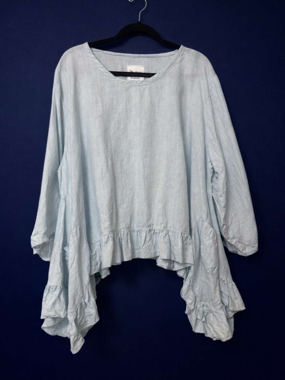 Heart’s Desire by MaryGrace Light Blue Ruffled Hem Women’s asymmetrical linenTop